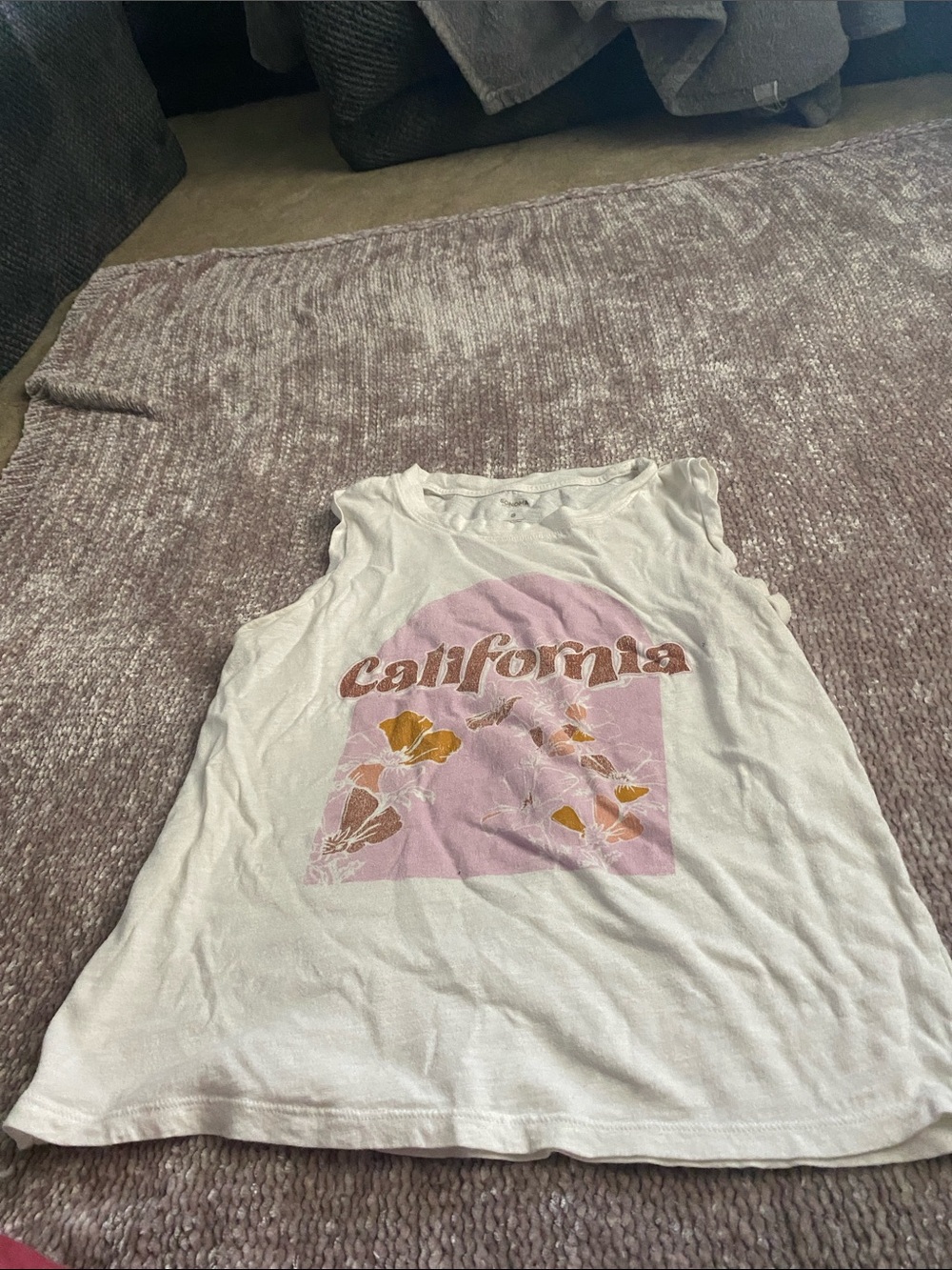 White Sleeveless 'California' Graphic Tank with Pink Arch and Yellow Florals
